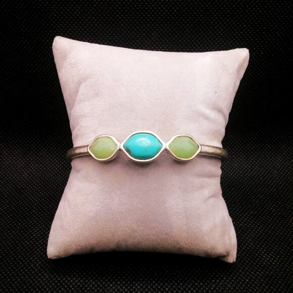 Lucky Brand Bracelet Triple Stone Bangle Faux Turquoise Silver Tone Stackable - Picture 11 of 13